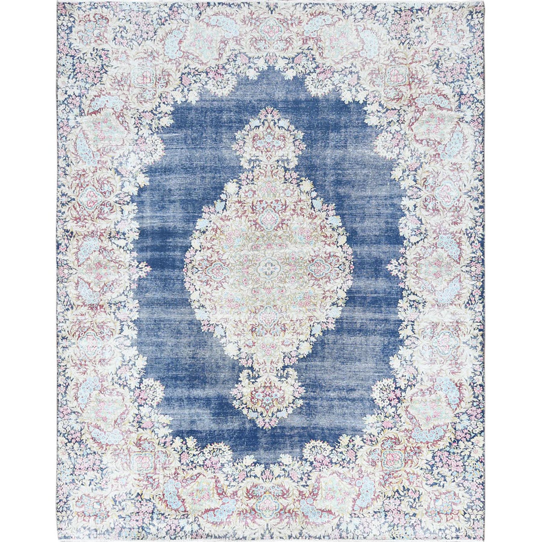 8'6"x11'2" Distressed Look, Worn Wool, Sheared Low, Hand Knotted, Denim Blue, Vintage Persian Kerman, Oriental Rug 